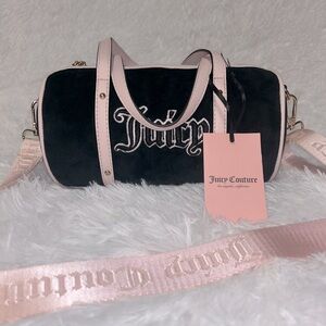 Juicy Couture Black Velour Barrel Bag – Pink Straps, Logo Purse NWT